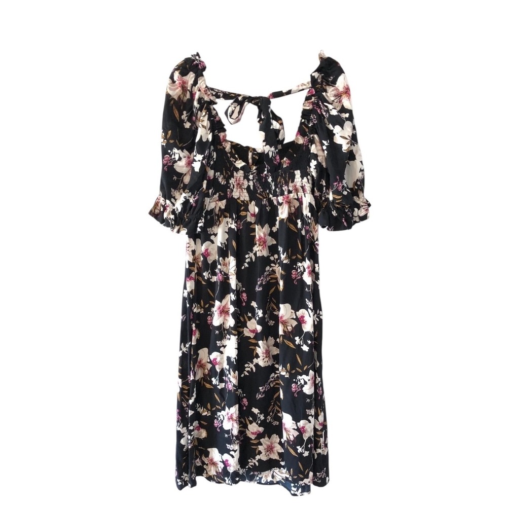 Anthropologie Floral‎ Midi Dress Smocked Tie Back Puff Sleeve Black Size Small